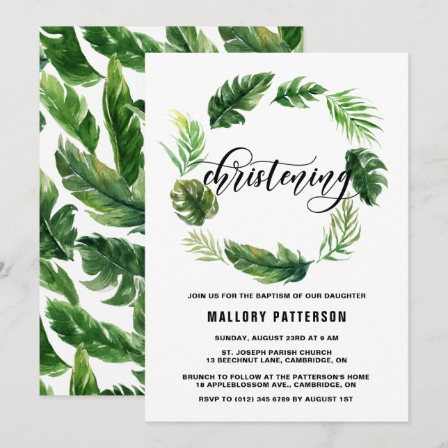 Invitation Aquarelle Tropical Feuilles Wreath Christening (Devant / Derrière)
