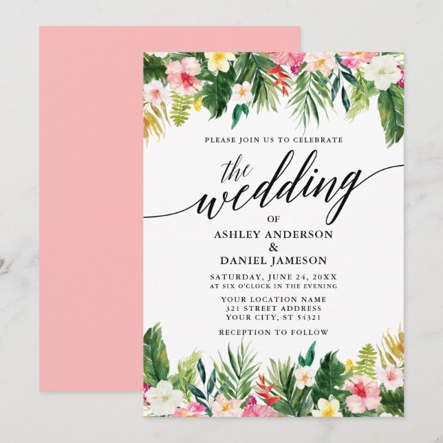 Invitation Aquarelle Tropical Floral Calligraphie Mariage Pnk (Devant / Derrière)