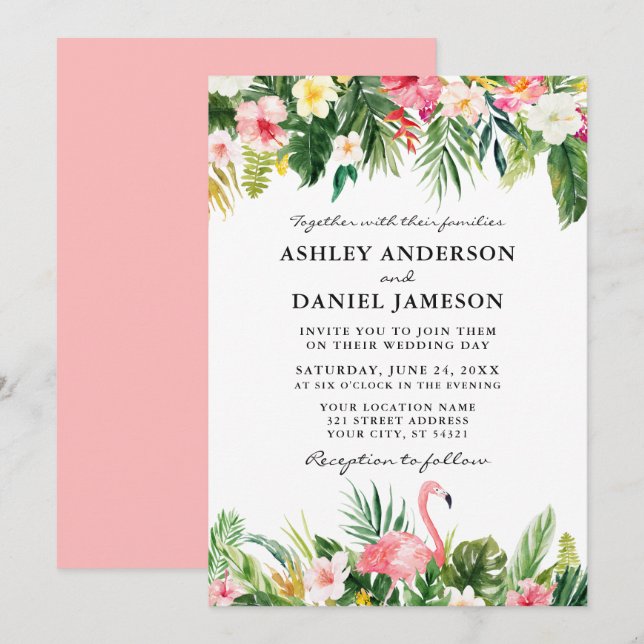 Invitation Aquarelle Tropical Floral Flamant rose Mariage ros (Devant / Derrière)