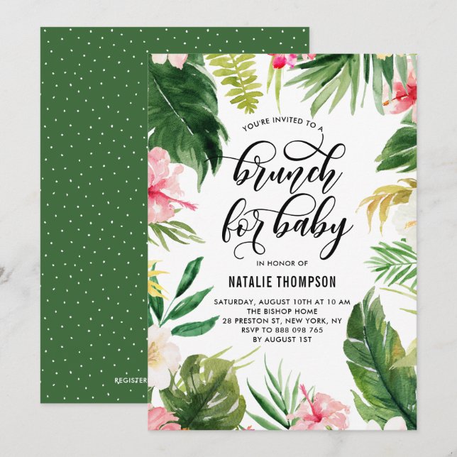 Invitation Aquarelle Tropical Floral Frame Brunch pour bébé (Devant / Derrière)