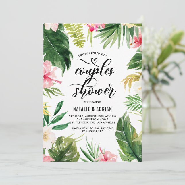 Invitation Aquarelle Tropical Floral Frame Couples Douche (Debout devant)