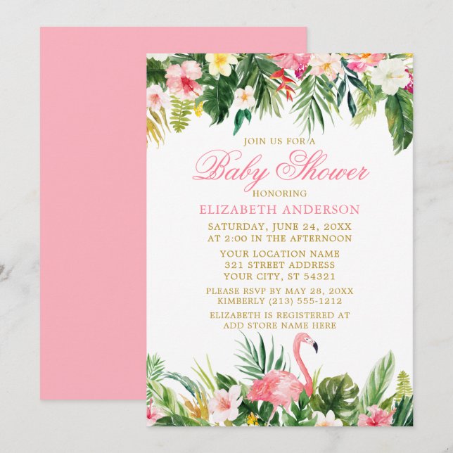 Invitation Aquarelle Tropical Floral Rose Flamant rose Douche (Devant / Derrière)