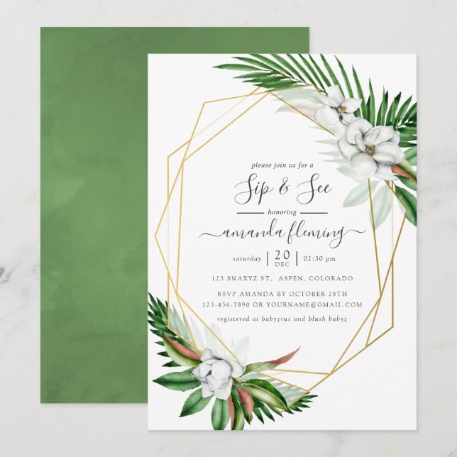 Invitation Aquarelle Tropical Floral Sip et voir (Devant / Derrière)