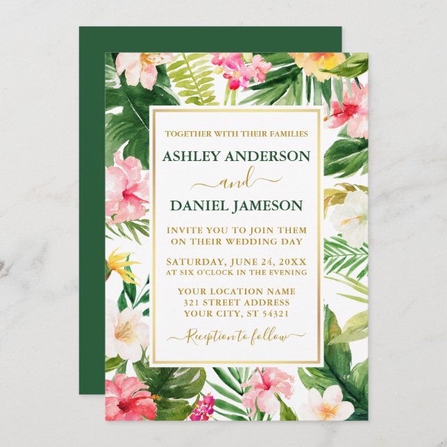 Invitation Aquarelle Tropical Floral Vert Mariage or (Devant / Derrière)