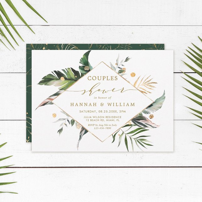 Invitation Aquarelle Tropical Foliage Gold Couples Douche (Créateur téléchargé)