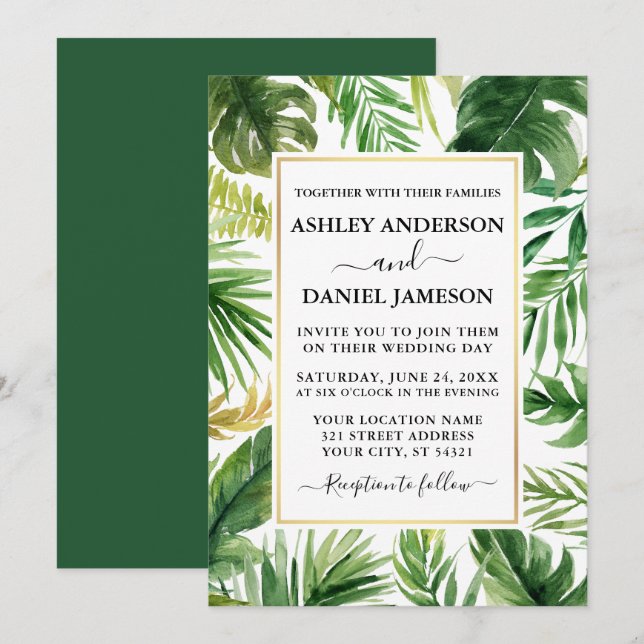 Invitation Aquarelle Tropical Greenery Gold Frame Mariage (Devant / Derrière)