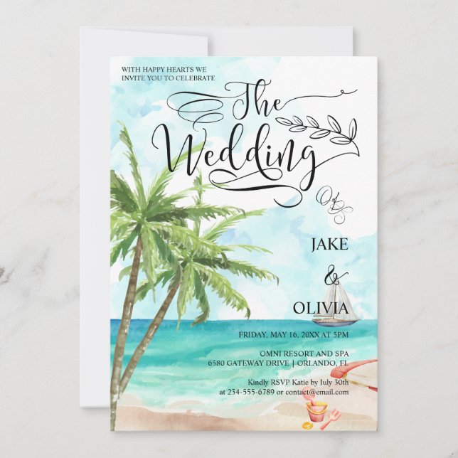 Invitation Aquarelle Tropical Palm Tree Beach Mariage (Devant)
