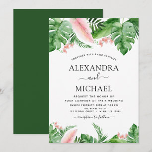 Invitation Aquarelle Tropical Palm Vert rose pâle Mariage