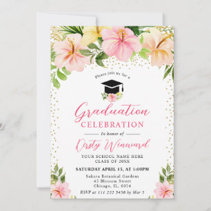 Invitation Aquarelle Tropical Pink Flowers Graduation