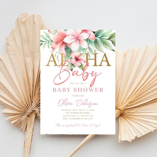 Invitation Aquarelle Tropical Rose Floral Baby shower Aloha (Créateur téléchargé)