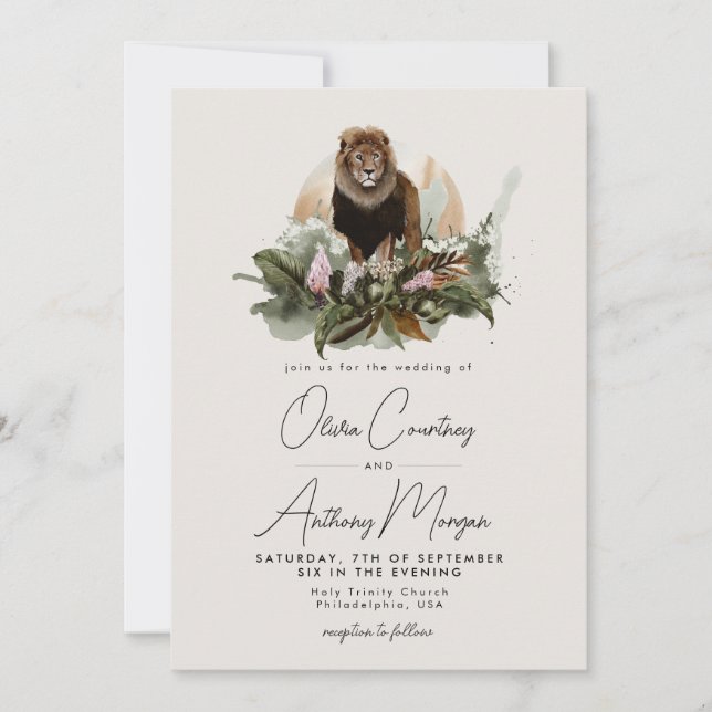 Invitation Aquarelle Tropical Safari Jungle Lion Mariage (Devant)