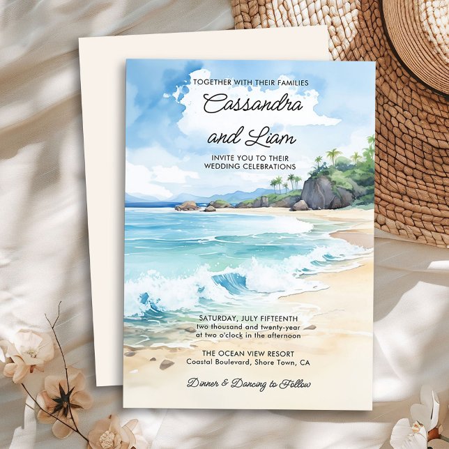 Invitation Aquarelle Tropical Summer Beach Wedding (Watercolor Wedding Invitation from the Summer Beach Wedding Collection by Darling & May)