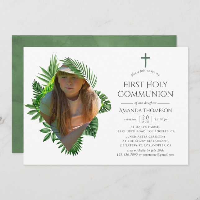 Invitation Aquarelle Tropical Summer First Holy Communion (Devant / Derrière)