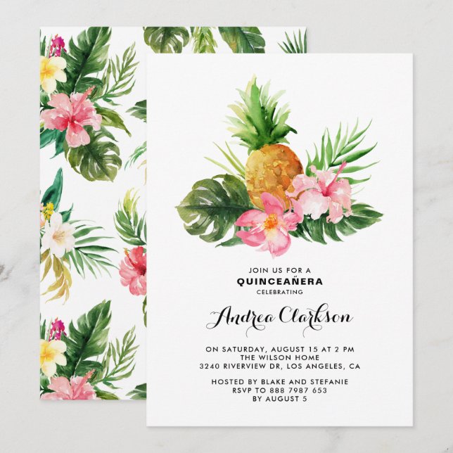 Invitation Aquarelle tropicale Ananas Quinceanera florale (Devant / Derrière)