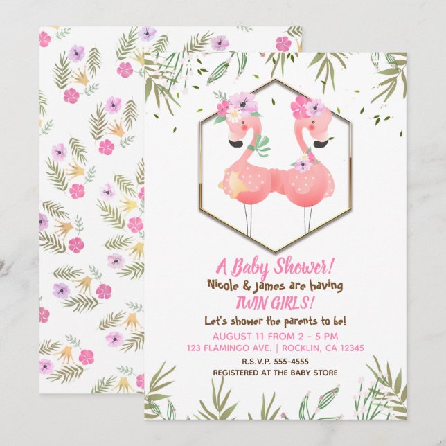 Invitation Aquarelle tropicale Baby shower à deux Flamants ro (Devant / Derrière)