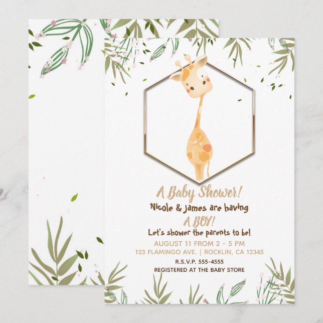 Invitation Aquarelle Tropicale Cute Giraffe Boys Baby shower (Devant / Derrière)