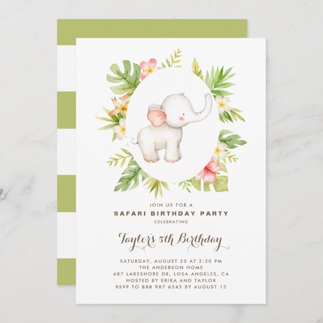 Invitation Aquarelle tropicale Elephant Safari Anniversaire d (Devant / Derrière)