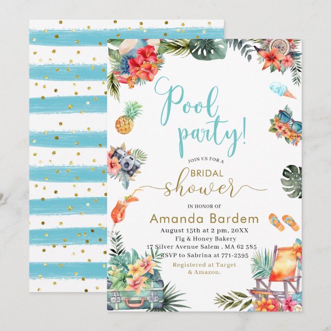 Invitation Aquarelle tropicale Fête des mariées d'été côté pi (Devant / Derrière)