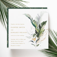 Aquarelle tropicale Feuille Mariage or Carré