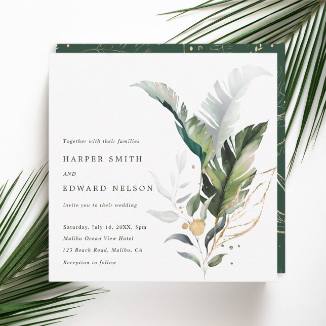 Invitation Aquarelle tropicale Feuille Mariage vert Carré (Créateur téléchargé)