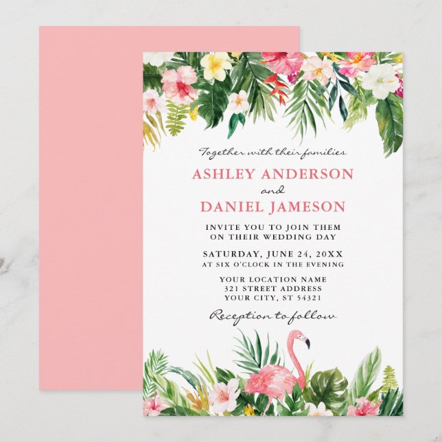Invitation Aquarelle tropicale Flamant rose floral Mariage ro (Devant / Derrière)