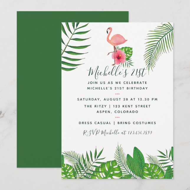 Invitation Aquarelle tropicale Flamant rose rose 21e annivers (Devant / Derrière)