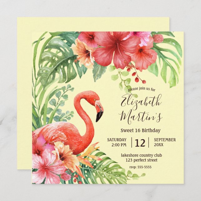 Invitation Aquarelle tropicale Flamants roses & Hibiscus Anni (Devant / Derrière)