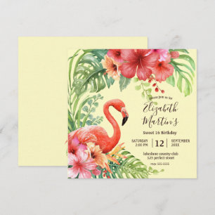 Invitation Aquarelle tropicale Flamants roses & Hibiscus Anni