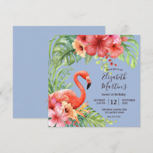 Invitation Aquarelle tropicale Flamants roses & Hibiscus Anni
