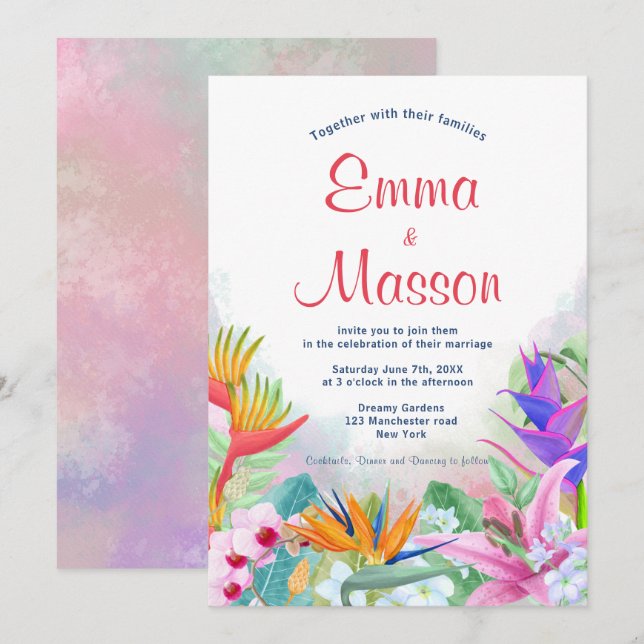Invitation Aquarelle tropicale Florale (Devant / Derrière)
