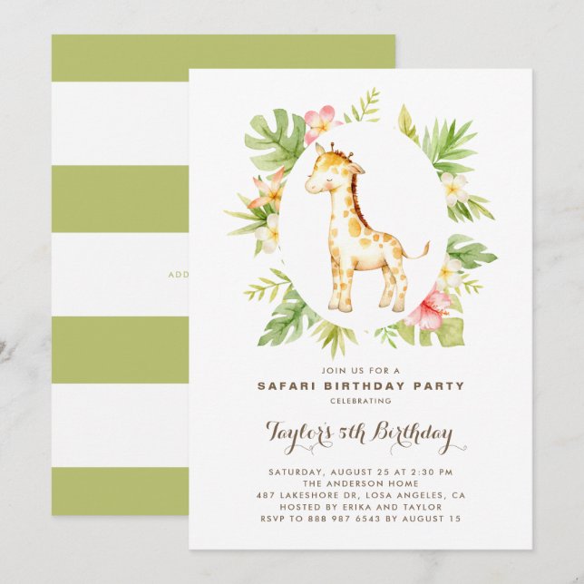 Invitation Aquarelle tropicale Giraffe Safari Anniversaire de (Devant / Derrière)
