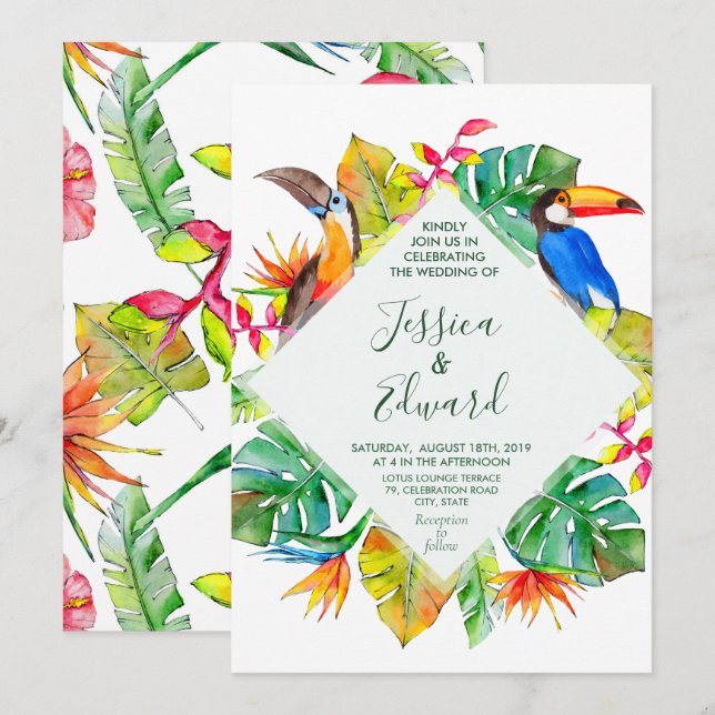 Invitation Aquarelle tropicale Hawaii Oiseaux exotiques (Devant / Derrière)