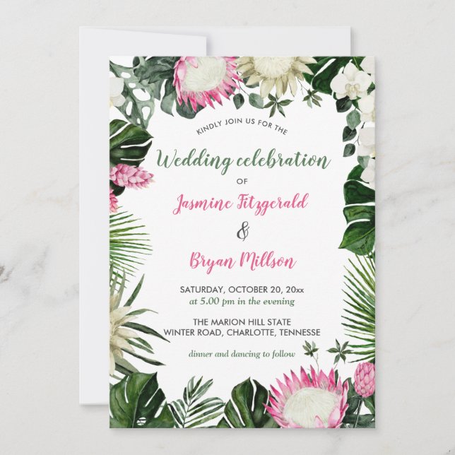 Invitation Aquarelle tropicale rose Protea | Mariage (Devant)