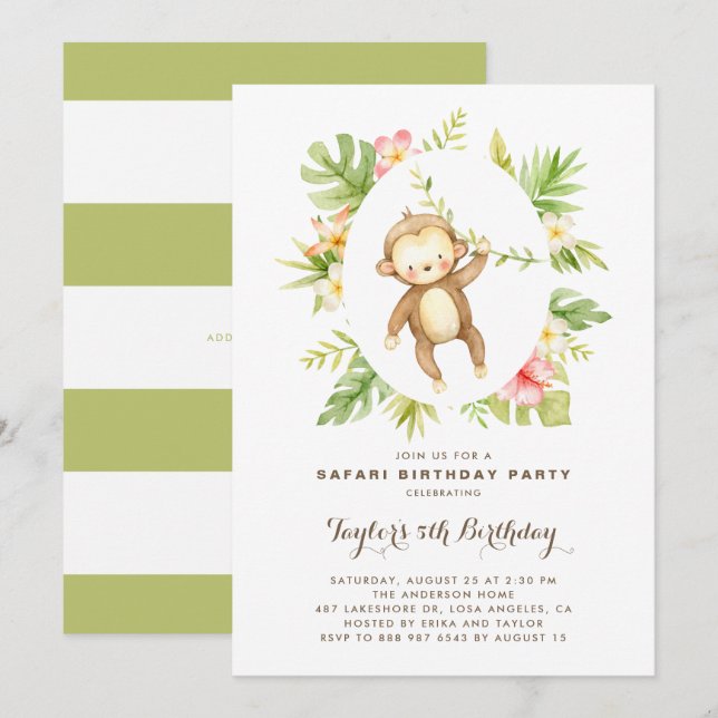 Invitation Aquarelle tropicale singe Anniversaire de enfant S (Devant / Derrière)
