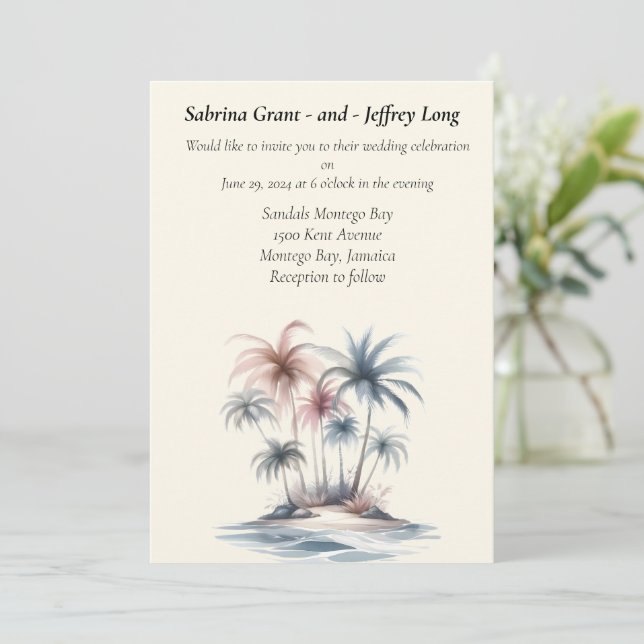 Invitation Aquarelle Tropicale Summer Beach Palm Tree Mariage (Debout devant)