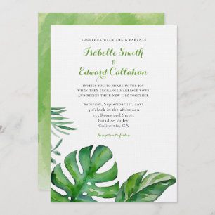 Invitation Aquarelle tropicale Vert Monstera Feuille Mariage