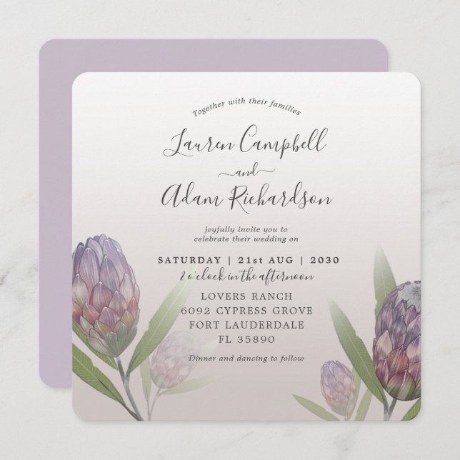 Invitation Aquarelle tropicale violette Florale Mariée (Devant / Derrière)