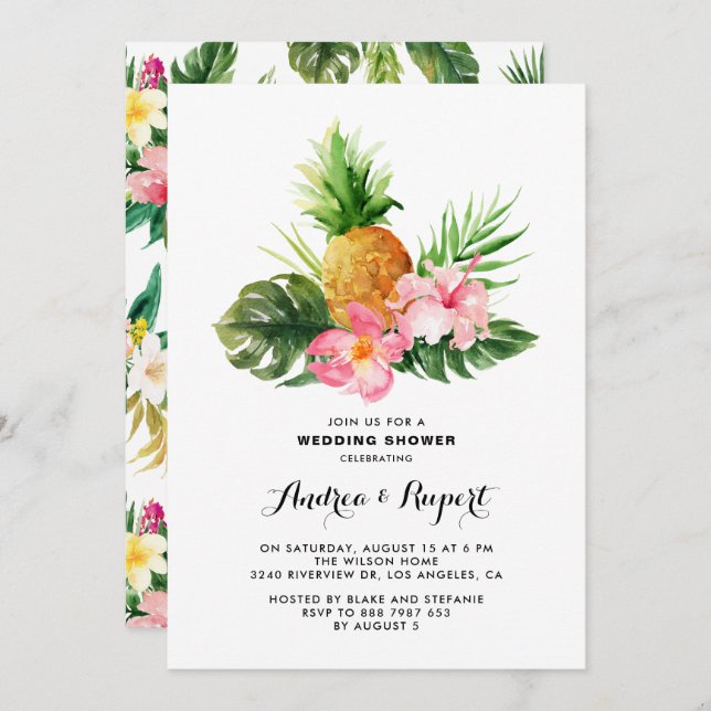 Invitation Aquarelle tropicale Wedding shower d'ananas (Devant / Derrière)