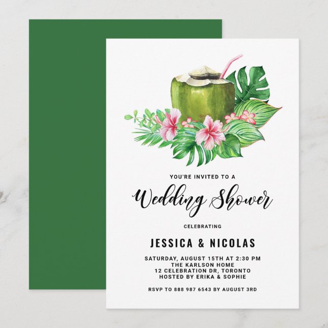 Invitation Aquarelle tropicale Wedding shower d'été de noix d (Devant / Derrière)