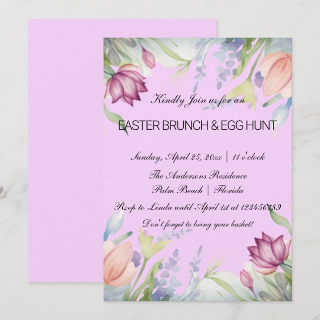 Invitation Aquarelle Tulipe Florale Pâques Brunch & Chasse au (Devant / Derrière)