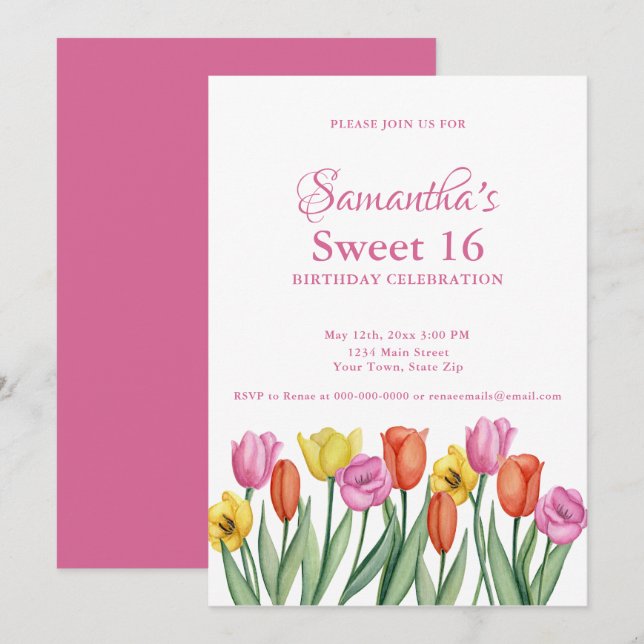 Invitation Aquarelle Tulipes doux 16 Anniversaire (Devant / Derrière)
