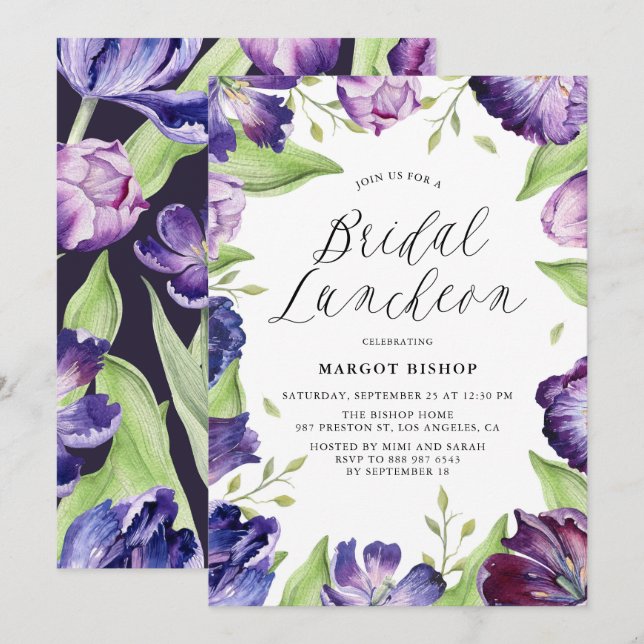 Invitation Aquarelle Tulipes pourpres Floral Bridal Luncheon (Devant / Derrière)