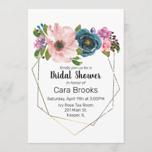 Invitation Aquarelle Turquoise Bleu violet Cadre Or Floral