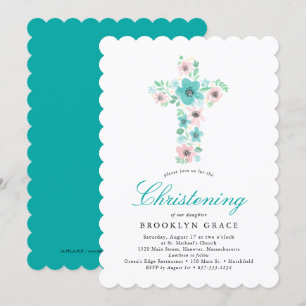 Invitation Aquarelle turquoise Croix Baptême