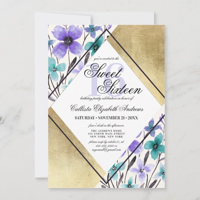 Invitation Aquarelle Turquoise dorée moderne violet doux 16 (Devant)