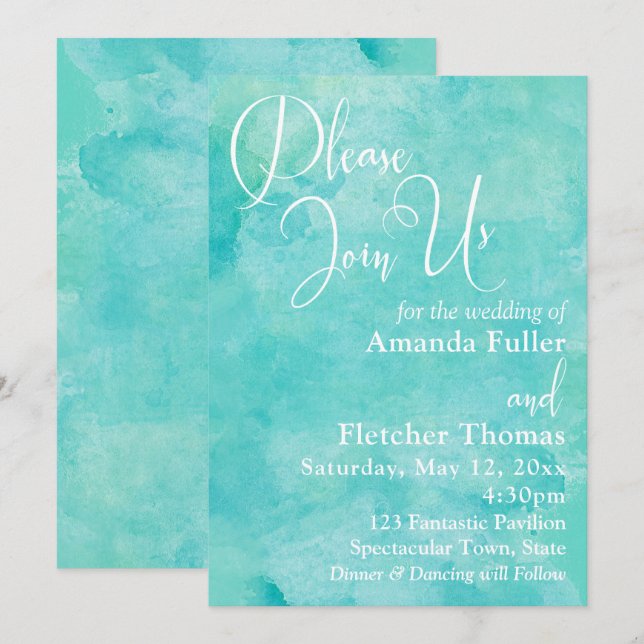 Invitation Aquarelle turquoise Elégante Typographie Mariage 2 (Devant / Derrière)