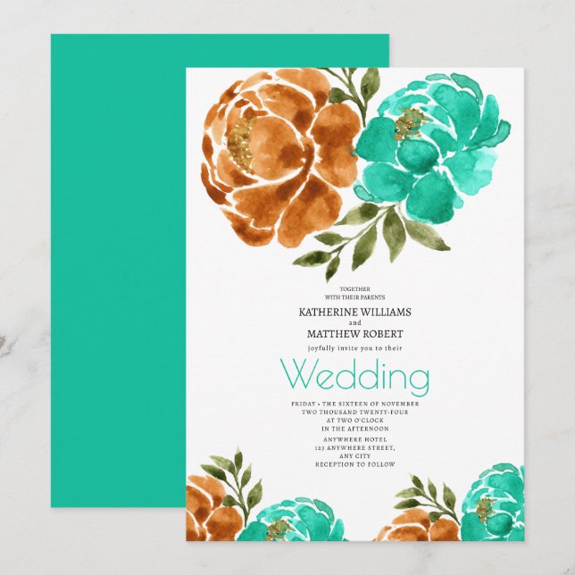 Invitation Aquarelle turquoise en terre cuite Boho floral (Devant / Derrière)