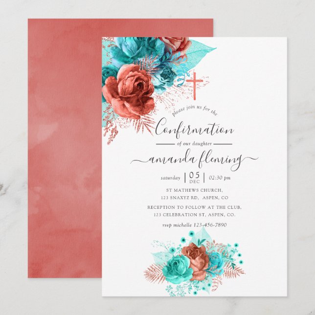 Invitation Aquarelle turquoise et corail Confirmation florale (Devant / Derrière)