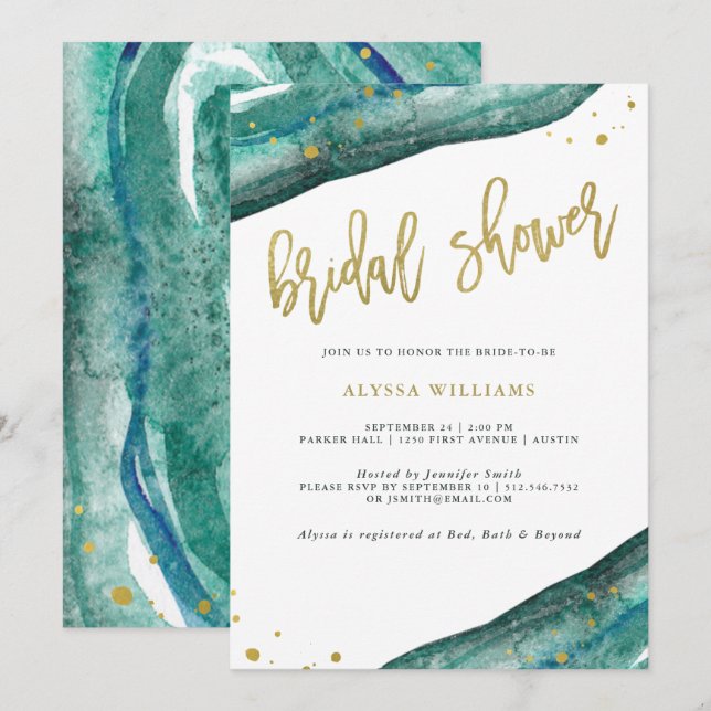 Invitation Aquarelle Turquoise et Fête des mariées de la Géod (Devant / Derrière)