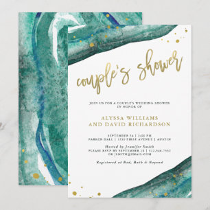 Invitation Aquarelle Turquoise et Gold Geode Couples douche